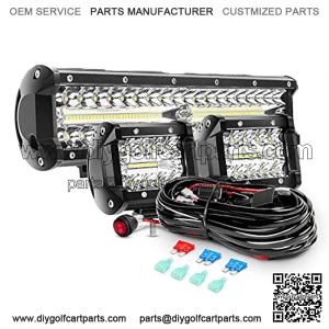 LED Light Bar Set, 12 Inch 300W Triple Row Spot Flood Combo Work Driving Lamp, 2 Pcs 4 inch 60 W Triple Row Flood Spot LED with Wiring Harness for Off road ATV Boat Lighting