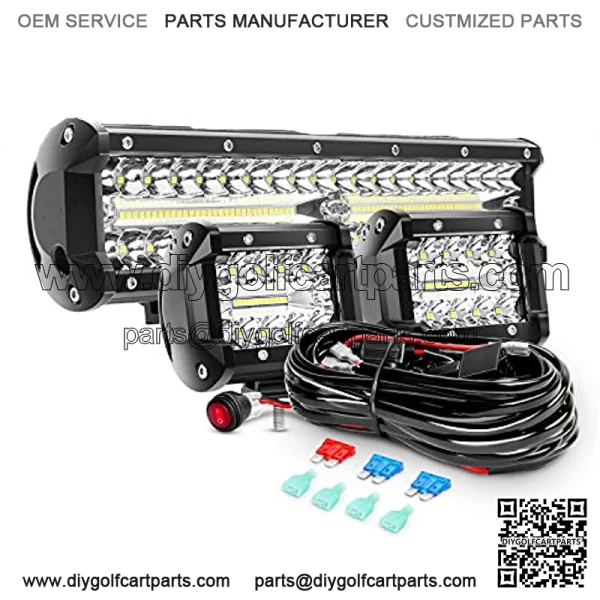 LED Light Bar Set, 12 Inch 300W Triple Row Spot Flood Combo Work Driving Lamp, 2 Pcs 4 inch 60 W Triple Row Flood Spot LED with Wiring Harness for Off road ATV Boat Lighting