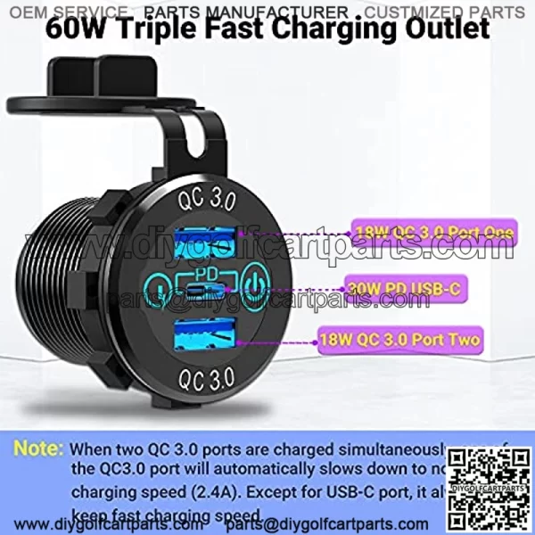 60W USB C Car Charger Socket, Ouffun Aluminum Metal 12V/24V Multiple USB Outlet 30W PD USB-C & Two QC3.0 Ports with Power Switch Fast Car Adapter for Car, Boat, Marine, Truck, Golf, RV, Motorcycle - Image 2