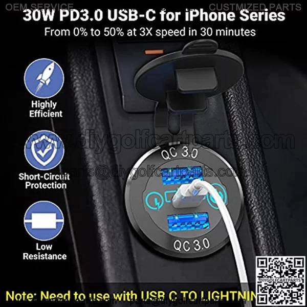 60W USB C Car Charger Socket, Ouffun Aluminum Metal 12V/24V Multiple USB Outlet 30W PD USB-C & Two QC3.0 Ports with Power Switch Fast Car Adapter for Car, Boat, Marine, Truck, Golf, RV, Motorcycle - Image 3