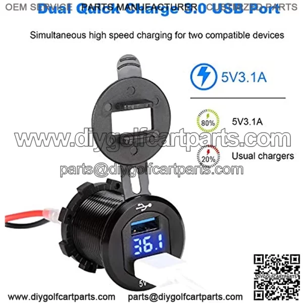 Golf Cart DC 9V-48V Quick Charge 3.1 Dual USB Charger,2 in 1 USB Ports & LED Voltage Meter Universal for Club Car,EZGO and Yamaha,Aluminum Alloy Shell Safe Charge Outlet - Image 2