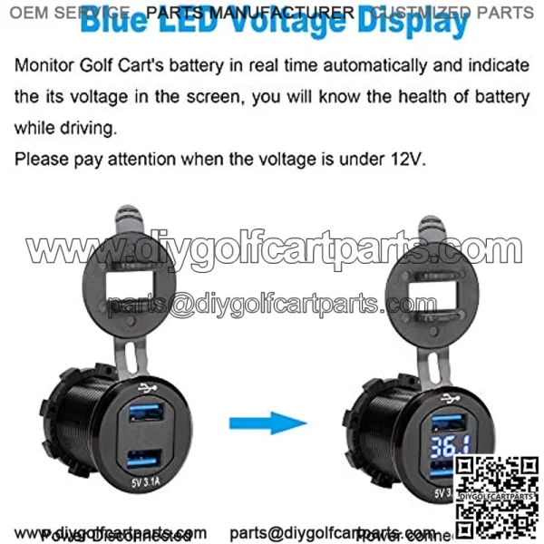 Golf Cart DC 9V-48V Quick Charge 3.1 Dual USB Charger,2 in 1 USB Ports & LED Voltage Meter Universal for Club Car,EZGO and Yamaha,Aluminum Alloy Shell Safe Charge Outlet - Image 3