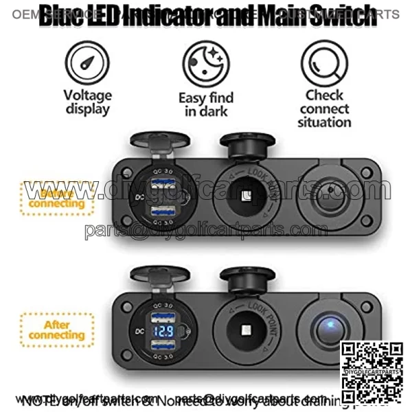 Cigarette Lighter Socket 12V Splitter with Rocker Toggle Switch, Dual Quick Charge 3.0 Aluminum Metal 12 Volt USB Outlet with LED Voltmeter, Waterproof Cigarette Lighter Adapter Female Socket Plug DC - Image 3