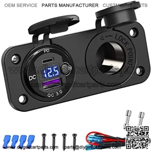 Cigarette Lighter Socket 12 Volt USB Outlet: PD 20W USB C and QC3.0 Car USB Port Aluminum Metal 12V Plug, 150W Car Charger USB Socket Panel with Power Switch LED Voltmeter for Marine Boat RV Golf Cart