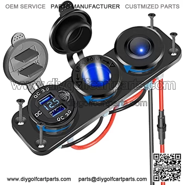 Cigarette Lighter Socket Panel Splitter, 4 in 1 Dual Quick Charge 3.0 Aluminum Metal 12 Volt USB Outlet with LED Digital Voltmeter&Rocker Toggle Switch for Car Boat Marine RV, etc