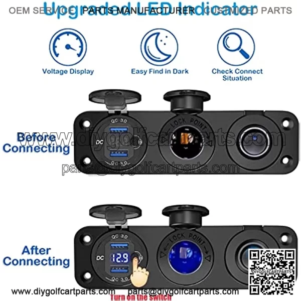 Cigarette Lighter Socket Panel Splitter, 4 in 1 Dual Quick Charge 3.0 Aluminum Metal 12 Volt USB Outlet with LED Digital Voltmeter&Rocker Toggle Switch for Car Boat Marine RV, etc - Image 4