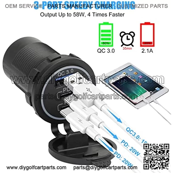 12V USB Outlet, Quick Charge 3.0 USB Charger Socket, Waterproof Power Outlet Fast Charge with 2 DP Ports & 1USB Port & Wire Fuse DIY Kit for 12V/24V Car Boat Marine Bus Truck Golf Cart RV Motorcycle - Image 2