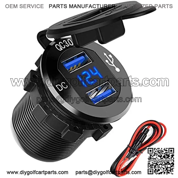 12V USB Outlet, Ollcuz 12V/24V 36W Aluminum Waterproof Dual QC3.0 USB Fast Charger Socket Power Outlet Adapter w/LED Digital Voltmeter for Car, Marine, Boat, Motorcycle, Truck, Golf Cart, etc