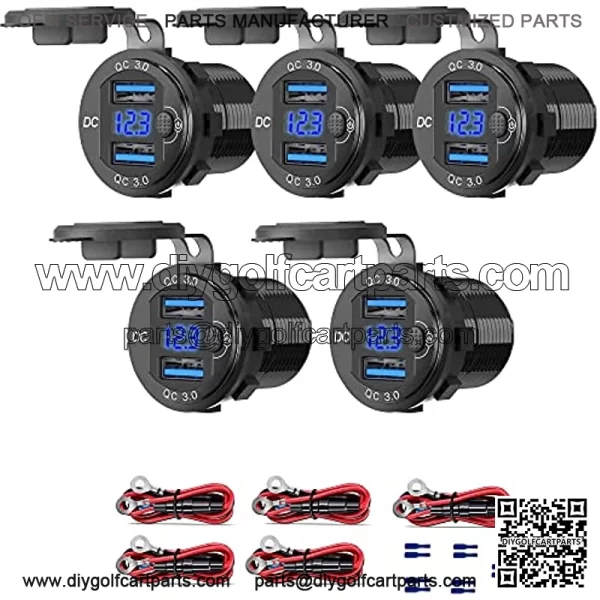 [5 Pack]12V USB Outlet, Dual USB QC 3.0 Socket Waterproof Power Outlet 12V/24V 2.1A & 2.1A with Blue LED Voltmeter and Power Switch for Car Golf Cart Boat Marine Bus Truck RV Marine Motorcycle etc.