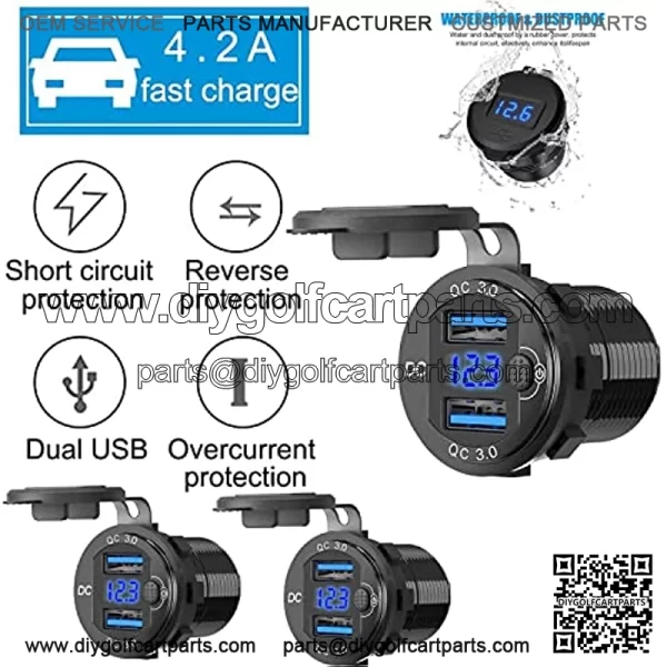[5 Pack]12V USB Outlet, Dual USB QC 3.0 Socket Waterproof Power Outlet 12V/24V 2.1A & 2.1A with Blue LED Voltmeter and Power Switch for Car Golf Cart Boat Marine Bus Truck RV Marine Motorcycle etc. - Image 2