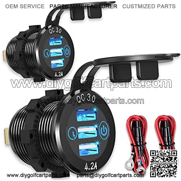 12V USB Aluminum Car Charger [2-Pack], Qidoe Quick Charge 3.0/4.2A Triple USB Outlet 12V Socket with Touch Power Switch, Waterproof Car Adapter for Car Boat Marine Bus Truck Golf Cart RV Motorcycle