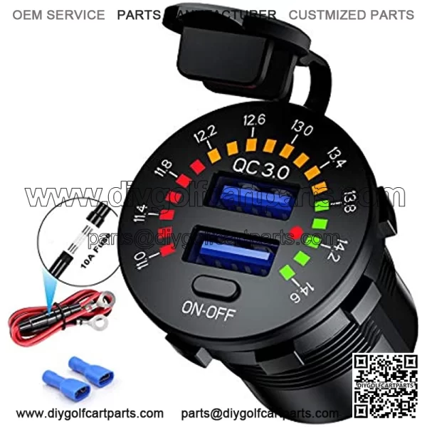 Quick Charge 3.0 Car Charger, Waterproof 36W Dual USB QC3.0 Fast Charging Socket Power Outlet with Voltmeter & Switch & 10A Fuse Built-in for 12V/24V Vehicles