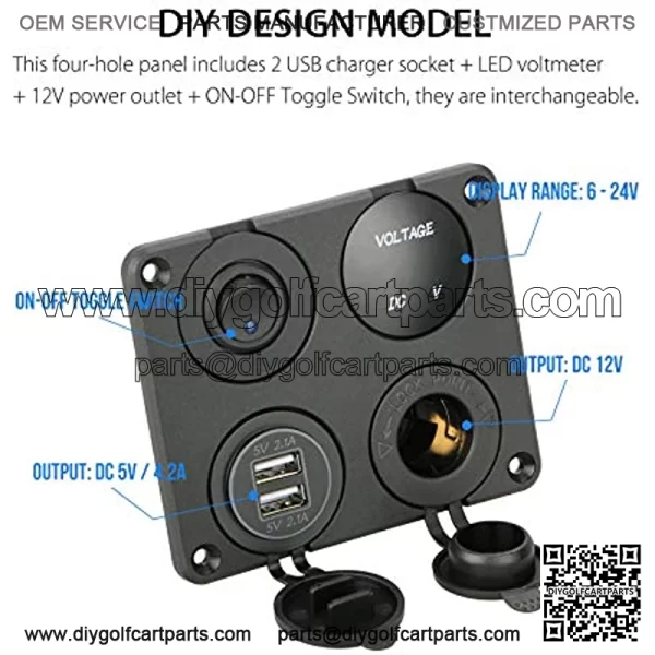 4 in 1 Multifunction Panel Power Outlet Socket Charger with 12V Cigarette Socket, Blue Digital Voltmeter, Double USB Power Outlet Socket, ON-Off Toggle Switch - Image 2