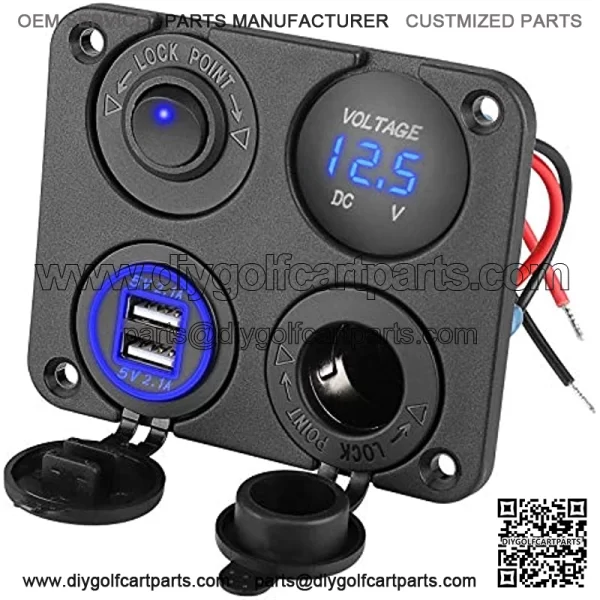 12V USB Outlet, Marine Car Charger Socket Panel, Waterproof Boat Cell Phone Rocker Switch Panel with 12 Volt Dual USB Power Outlet Cigarette Lighter Socket for RV Marine Boat Camper Truck Automotive