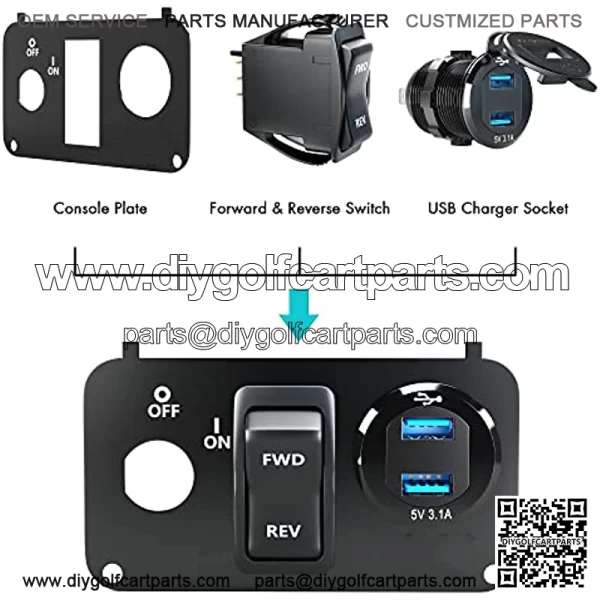 Golf Cart EZGO Key Switch Console Panel,Include DC 9V-48V 3.1A Fast Charge Dual USB Charger Sockets & Digital Voltmeter & Forward Reverse Switch,Fits EZGO TXT & Medalist PDS - Image 2