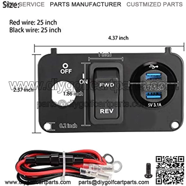 Golf Cart Key Switch Console Plate for EZGO TXT & Medalist, Includes Forward Reverse Switch, USB Charger Socket, Digital Volt Meter - Image 2
