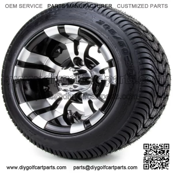 10" Vampire Machined and Black Golf Cart Wheels and Tires (205-50-10) - Set of 4