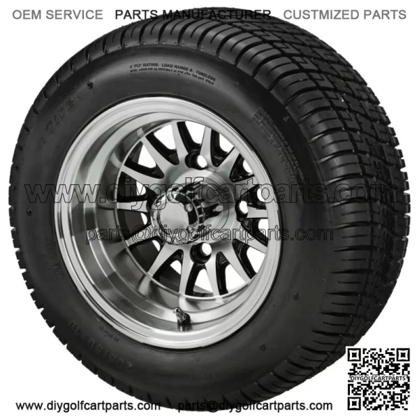 (4)Golf Cart 205/50-10 Tires on 10x7 Machined/Black 14-Spoke Wheels
