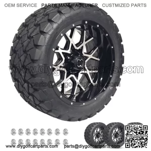 Golf Cart Wheels 14" CHAOS Machine/Black on 22" A/T Tires Carts Set of 4