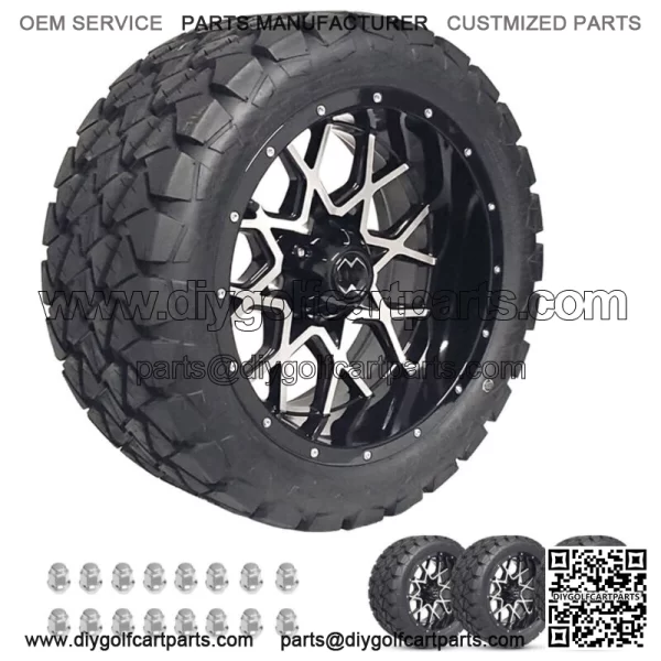 Golf Cart Wheels 14" CHAOS Machine/Black on 22" A/T Tires Carts Set of 4