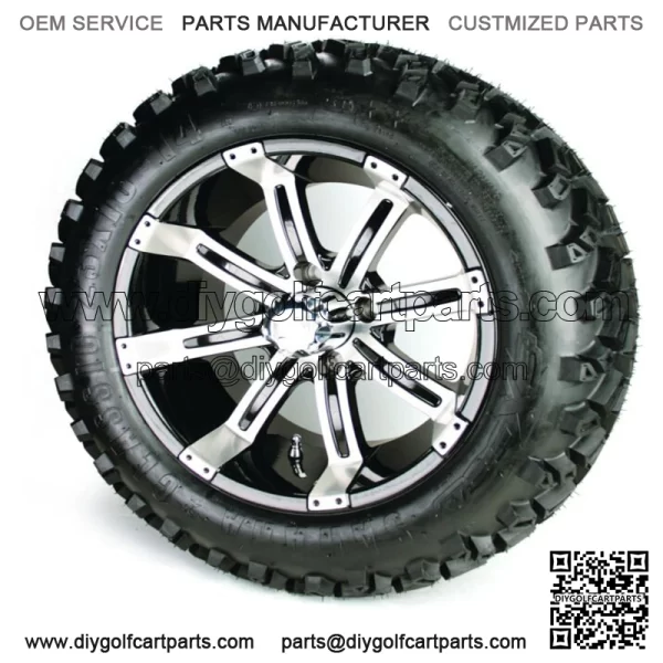 Set of 4 - 14 inch Black/Silver Wheels & 23 inch A/T Golf Cart Tires