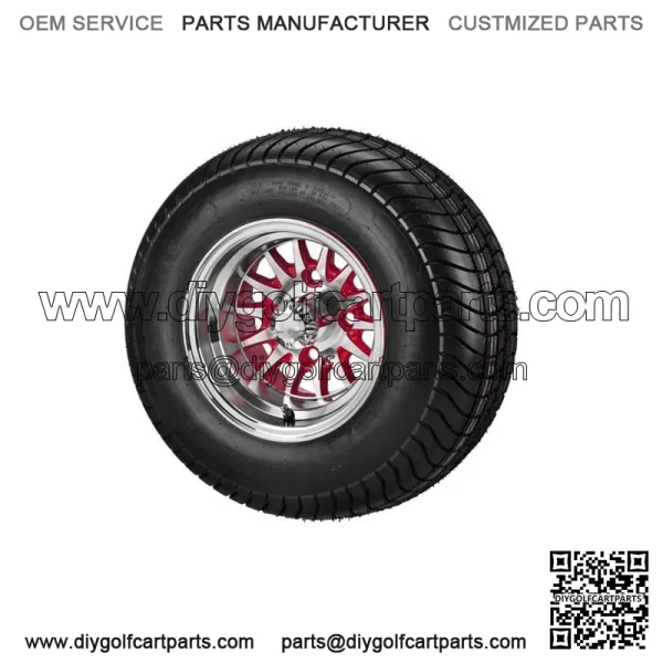 (4)Golf Cart 205/65-10 DOT Tires on 10x7 Machined/Red 14-Spoke Wheels