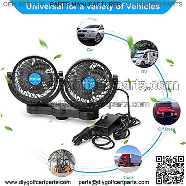 Hynoo 12V Car Clip Fans, Adjustable Dual Head Clip Fan 360?? Rotatable Cooling Air Fan, 4'' Electric Auto Car Fans with Cigarette Lighter Plug for Vehicles, RV, SUV - Image 2