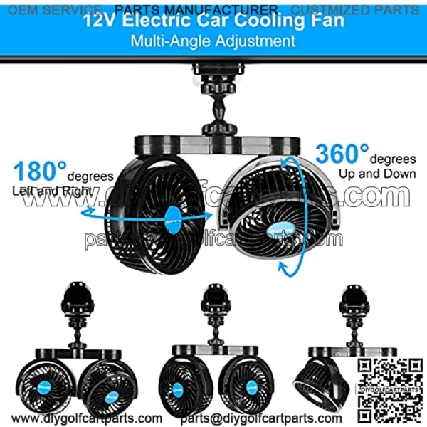 Hynoo 12V Car Clip Fans, Adjustable Dual Head Clip Fan 360?? Rotatable Cooling Air Fan, 4'' Electric Auto Car Fans with Cigarette Lighter Plug for Vehicles, RV, SUV - Image 3