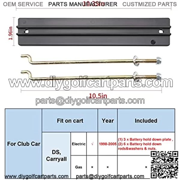 Golf Cart Battery Hold Down Plate, Rods, Washers & Nuts,for Club Car DS and Carryall Electric 1998-2005 - Image 4