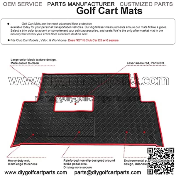Golf Cart Mat Full Coverage Floor Liner for Club Car Precedent (2004-2022), Onward & Tempo (2017-2022), Villager & V4L (2019-2022), Non-Slip and Easy to Clean - Black Trim/Red Trim - Image 2