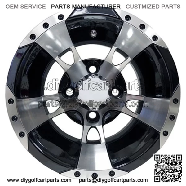 10" Golf Cart Wheel, Machined/Black Rim & Center Cap, 10x7 ET-25