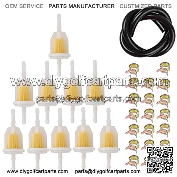 10 pcs 1/4" Fuel Filter + 5 Feet 1/4 Inch Fuel Line + 20 pcs Clamps Gas Inline Fuel Filters for Small Engines Golf Cart Moped Scooter Motorcycle Mni Bike Lawn Mower Weedeater Generators