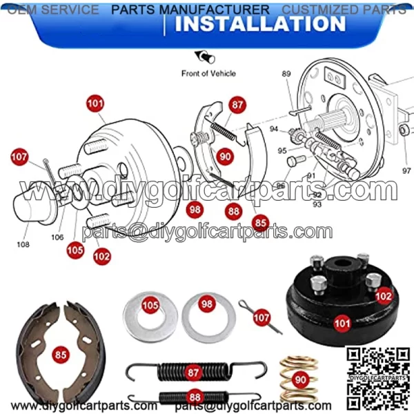 EZGO TXT Brake Hub Drum & Brake Shoes & Brake Shoes Springs Repair Kit for 1996-up Electric Golf Cart Replaces OEM # 19186G1, 70794G01, 70795G01, 27943G01, 27945G01, 27944G01 - Image 4