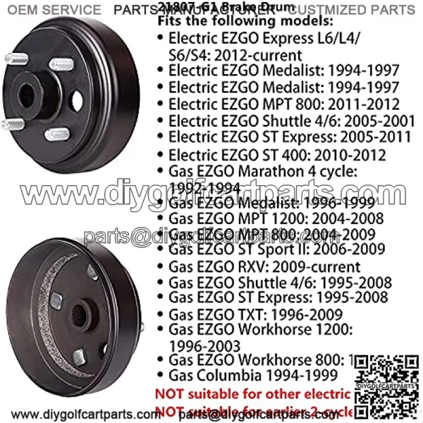 Brake Hub Drum for 4 Cycle Gas EZGO TXT, RXV, Marathon, Medalist, Shuttle 4/6, ST Express/Sport II, MPT, Workhorse, OEM# 21807-G1 21807G1 41843-94 - Image 2