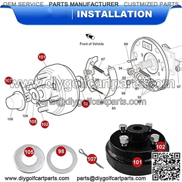 EZGO TXT Brake Hub Drum Assembly with Nuts for 1982-up Electric & 1982-1993 2 Cycle Gas Golf Cart Models Replaces OEM # 19186-G1P, 17298-G1, 17082-G2 - Image 3