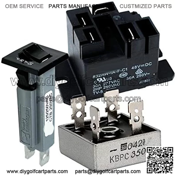 Golf Cart Charger 22110 Model Club Car Powerdrive 2 Charger Repair Kit, (Qty: 1 SPST 30A 48VDC Relay, Qty: 1 30A Rectifier Qty: 1 Breaker Circuits