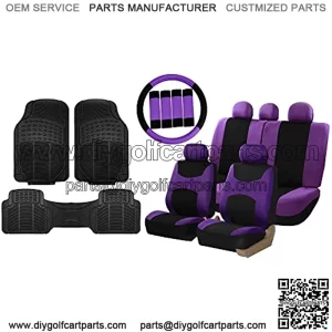 FH Group Light & Breezy Cloth Full Set Car Seat Covers (Purple/Black) Combo Set: Steering Wheel Cover, Seat Belt Pads and Black Vinyl Floor Mats ?C Universal Fit for Cars Trucks & SUVs