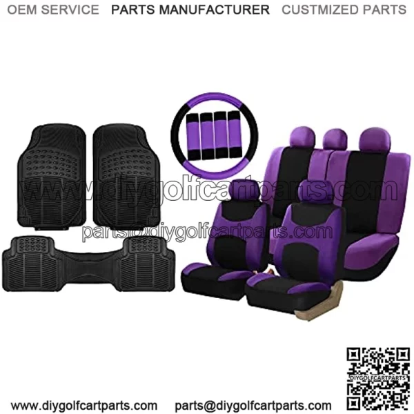 FH Group Light & Breezy Cloth Full Set Car Seat Covers (Purple/Black) Combo Set: Steering Wheel Cover, Seat Belt Pads and Black Vinyl Floor Mats ?C Universal Fit for Cars Trucks & SUVs