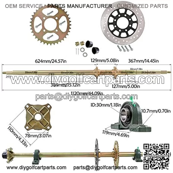 44" Go Kart Rear Axle Shaft Kit with Chain Sprocket Brake Disc Pillow Block Wheel Hub and Brake Master Cylinder for ATV Quad Golf Cart - Image 2