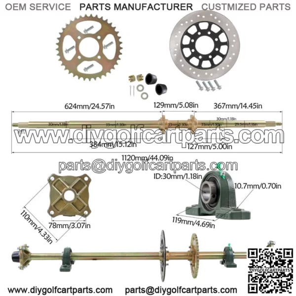 44" ATV Quad Go Kart Rear Live Axle Kit Sprocket Brake Disc Wheel Hub Golf Cart